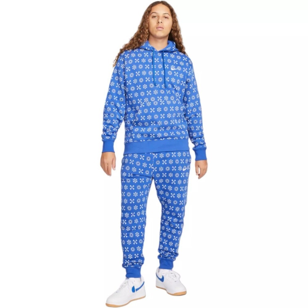 NIKE Blue Hoodie Sportswear Club‎ Fleece All Over Print Matching Set, Size M